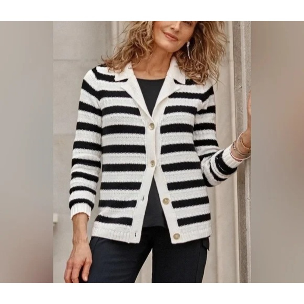 J. Jill Wearever Collection Textured Collared Cardi Sweater M Striped Barley/Blk
